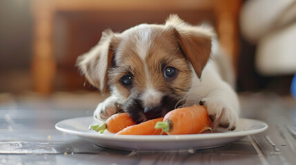 Cute puppy eating healthy meal, small terrier enjoys carrot
