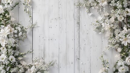 White wood backdrop with a frame adorned with flowers; top angle with room for text