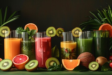 Juice Oasis: Citrus and Kiwi Delights. An array of freshly squeezed juices garnished with kiwi and orange, set against a tropical backdrop.