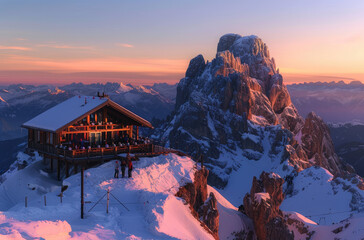 The breathtaking panorama of the Dolomites from Kitzbueghel with its snow-covered peaks, the mountain hut in front and people standing on an elevated platform enjoying the view - Powered by Adobe