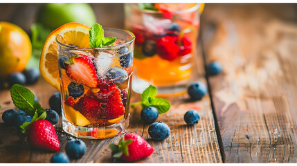 Fresh fruit cocktail on wooden table, refreshing summer drink - obrazy, fototapety, plakaty