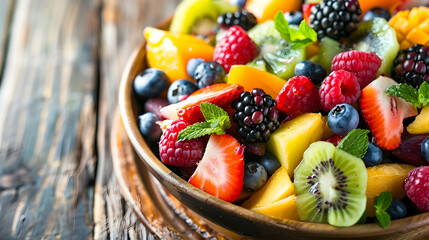 Fresh fruit salad on wooden table, a healthy summer snack