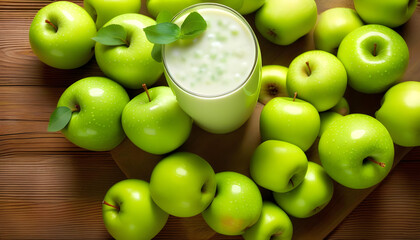 A glass of green apple yogurt drink with sliced green apples in the background