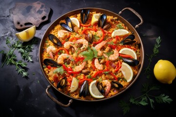 Juicy paella on a marble slab against a painted brick background