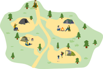 夏にキャンプ場でキャンプする人たちのイラスト