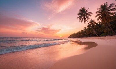 Fototapeta na wymiar The peach-tinted sky of the early evening graces a deserted island beach with a peaceful atmosphere. Silhouetted palm trees add a dramatic contrast to the soft pastel colors of the sunset. AI