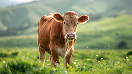 A grazing cow, with lush green pastures as the background, during a sunny afternoon
