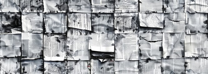 Long horizontal banner with lots of old newspapers on horizontal surface. Background texture. Concept for news and information - could be used for web design or advertisement.Ai generation