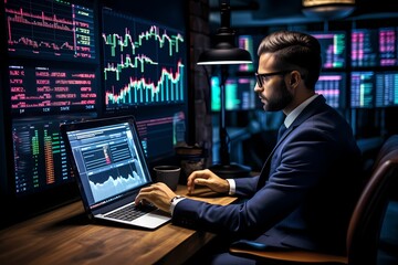 A focused financial analyst studying stock market trends on their computer, making predictions