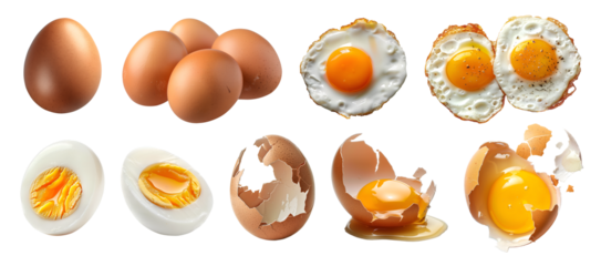Set of eggs, hard soft boil, sunny side up, fried, bull's eye, runny cracked shell yolk on transparent cutout, PNG file. Many different style. Mockup template for artwork design
