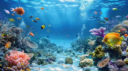 beautiful underwater scenery with various types of fish and coral reefs Generative AI