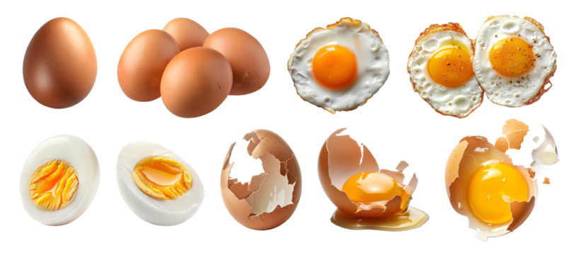 Set of eggs, hard soft boil, sunny side up, fried, bull's eye, runny cracked shell yolk on transparent cutout, PNG file. Many different style. Mockup template for artwork design