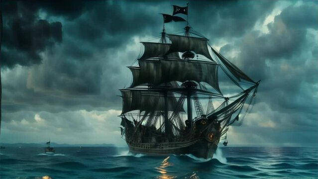 An imposing pirate ship sails the tumultuous ocean, ominous clouds gathering above, evoking tales of adventure and lore.