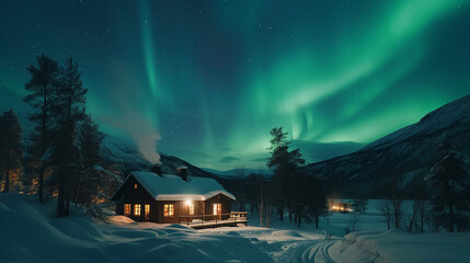 Northern lights over a wooden cabin in winter