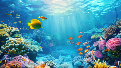 Naklejka na ściany i meble beautiful underwater scenery with various types of fish and coral reefs Generative AI