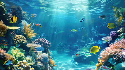 Naklejka na ściany i meble beautiful underwater scenery with various types of fish and coral reefs Generative AI