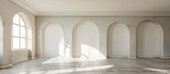 An empty room with arched windows and a tiled floor. The room is bathed in soft interior light, highlighting the architectural features. - obrazy, fototapety, plakaty