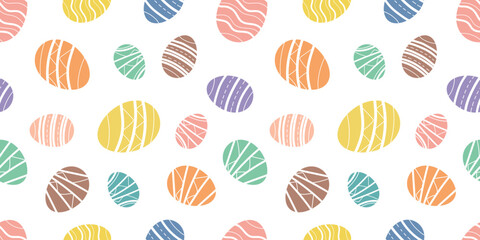 Easter seamless pattern isolated on white background with colored decorative eggs. Easter eggs decorative background. Happy Easter banner, poster, greeting card. Trendy Easter design