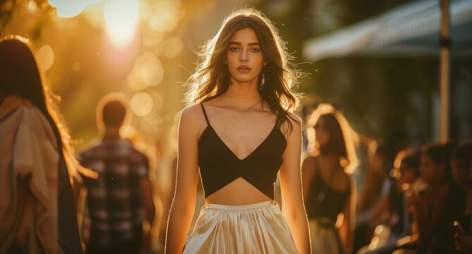 A photo of the most beautiful supermodel walking down an elegant runway in high fashion, wearing a black top and white skirt, with brown hair.