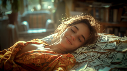 woman sleeping among money