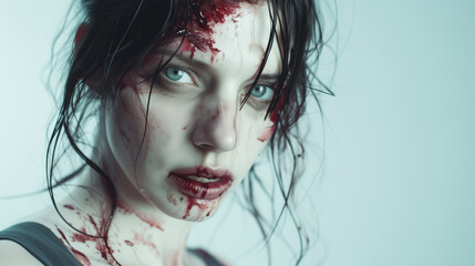 Intense portrait of a woman with fake blood