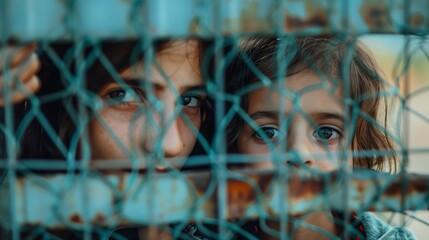 Portrait of refugee mother with children behind wire mesh fence, depicting the harsh reality of life in refugee homeless migrant camps or at border crossings.  - obrazy, fototapety, plakaty