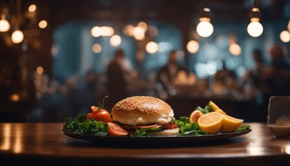 A gourmet burger presented on an elegant plate, garnished with fresh lettuce and tomatoes, in a moody, upscale tavern setting