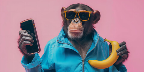 funny monkey in blue jacket and eyeglasses using smartphone isolated on pink