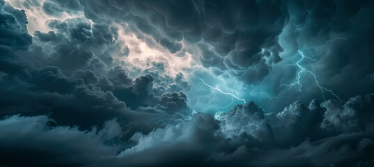 Dark clouds with lightning, thunderstorm and stormy weather background - obrazy, fototapety, plakaty