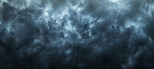 Dark clouds with lightning, thunderstorm and stormy weather background - obrazy, fototapety, plakaty
