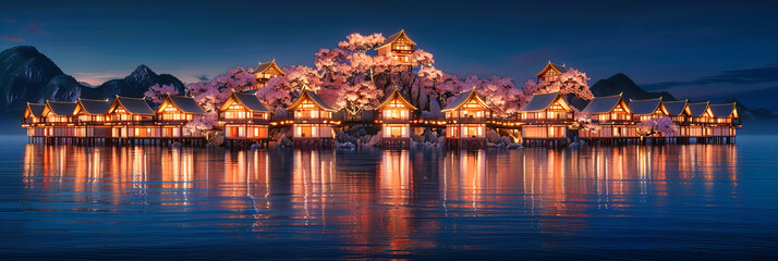 Naklejka premium Ancient Reflections: A Tranquil Lake Mirrors the Timeless Beauty of Asian Architecture at Twilight, Evoking Peace and Serenity