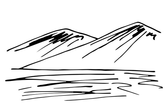 Vector black outline drawing. Mountain landscape, wild nature. Sketch in ink.