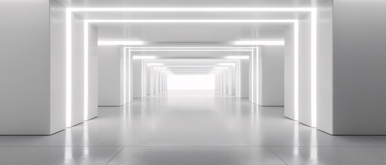 White background 3D room light abstract space technology tunnel stage floor. Empty white future 3D neon background studio futuristic corridor render modern interior silver road black wall design gray