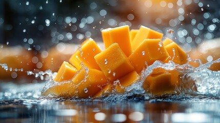 mango slices in water splash