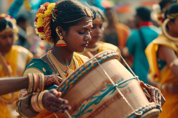 The rhythmic sound and movement of traditional South Indian music and dance performed during...