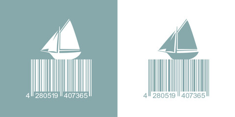 Logo Nautical. Silueta de barco de vela con código de barras