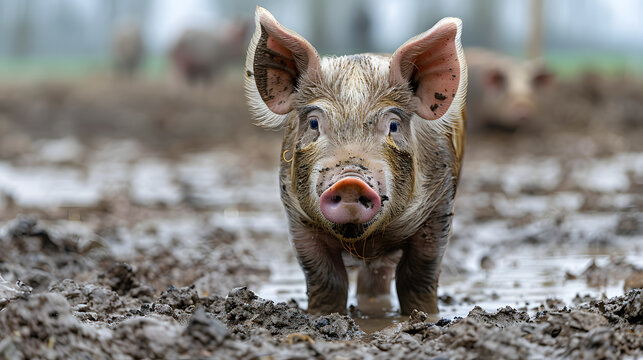 A contented pig, with muddy patches in a pen as the background, during feeding time