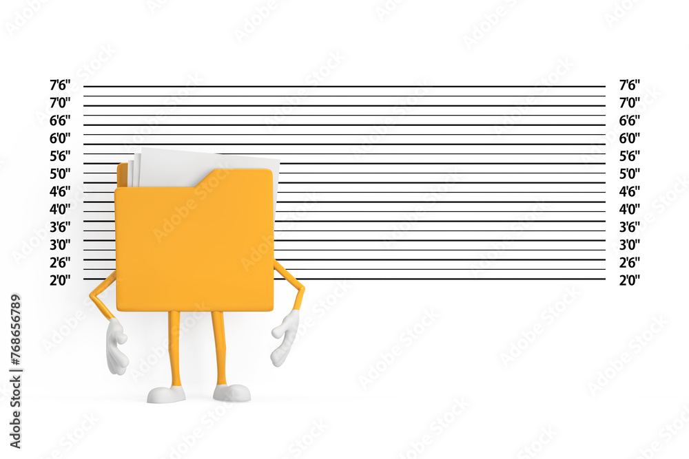 Poster yellow folder icon cartoon person character mascot in front of police lineup or mugshot background. 