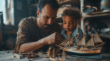 Father and son making model kit ah home