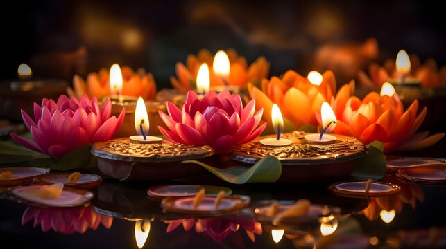 Flor de l&oacute;tus com luz de velas no rio ai generativa
