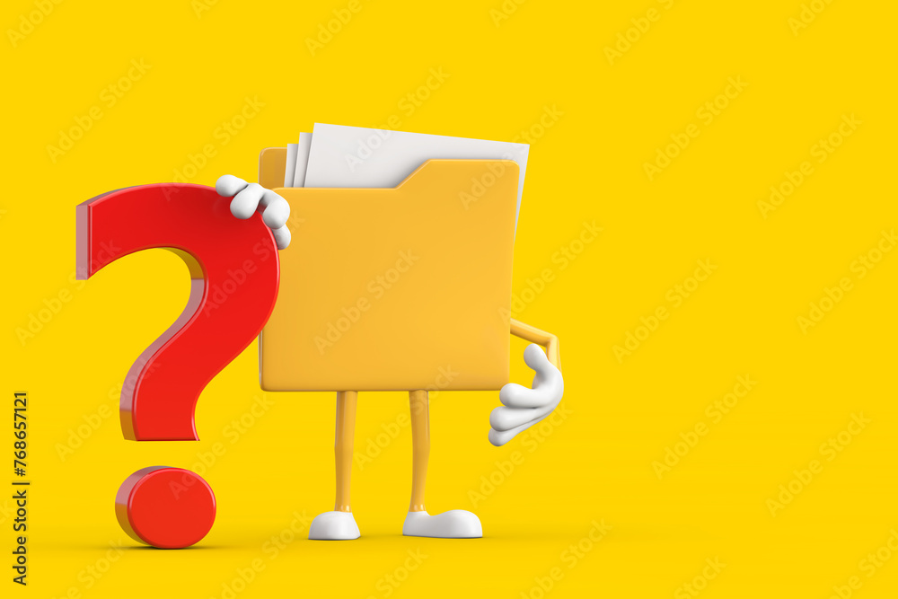 Fototapete yellow file folder icon cartoon person character mascot with red question mark sign. 3d rendering