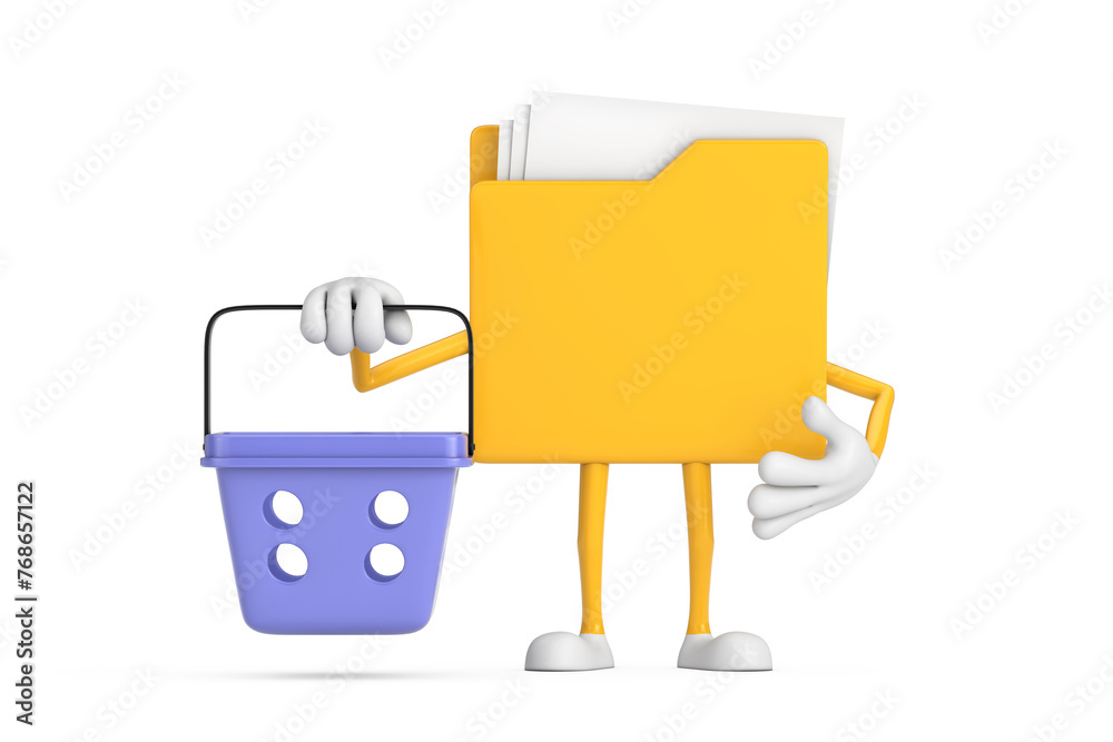 Poster yellow file folder icon cartoon person character mascot with cartoon shopping basket. 3d rendering