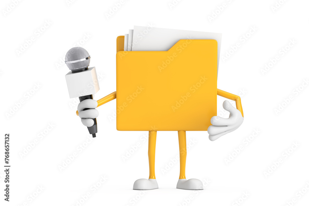 Leinwandbilder yellow file folder icon cartoon person character mascot with modern chrome microphone. 3d rendering