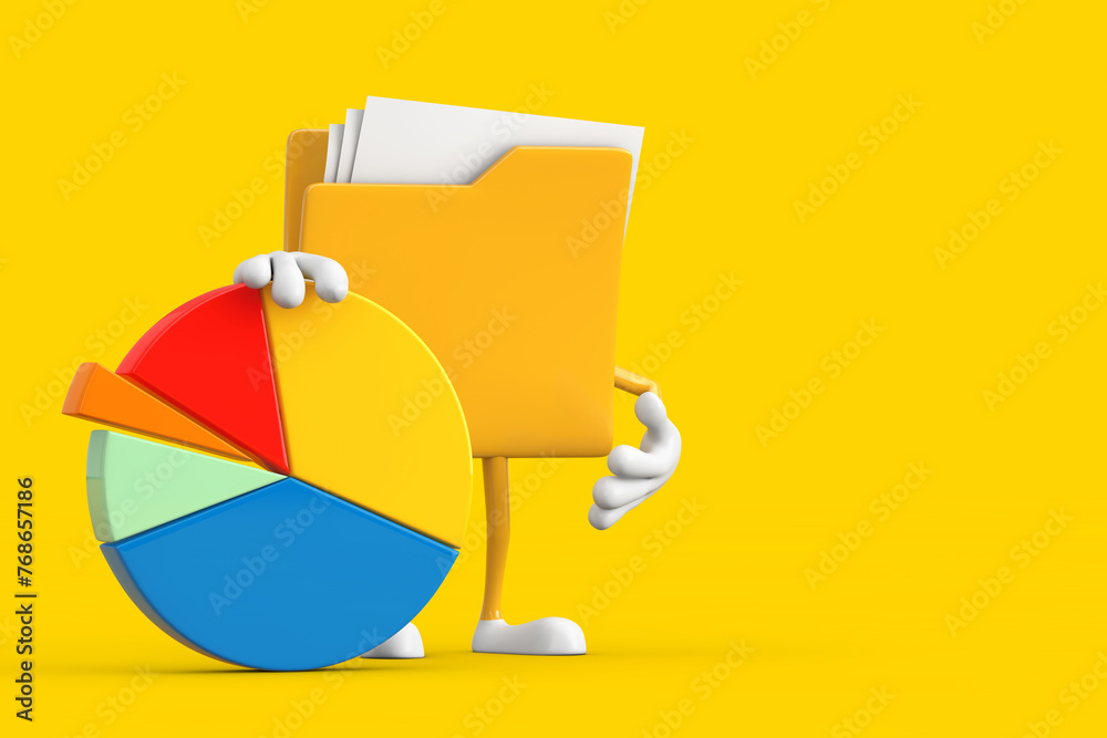 Leinwandbilder yellow file folder icon cartoon person character mascot with info graphics business pie chart. 3d re