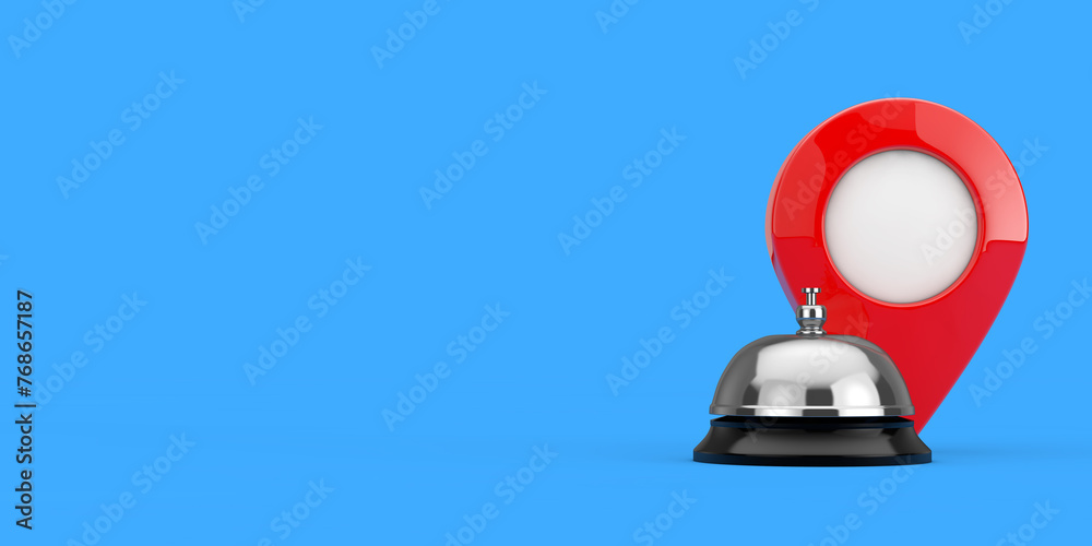 Poster Hotel Service Bell with Red Map Pointer Pin. 3d Rendering