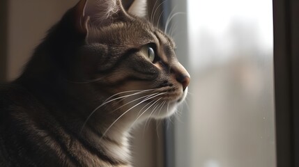 A portrait of grey stripe domestic pet house cat with green eyes and on guard face staring at something blur background. AI Generated Pro Photo
