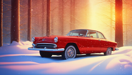 Fototapeta na wymiar Classic Red Car Parked in Snowy Woods at Sunrise