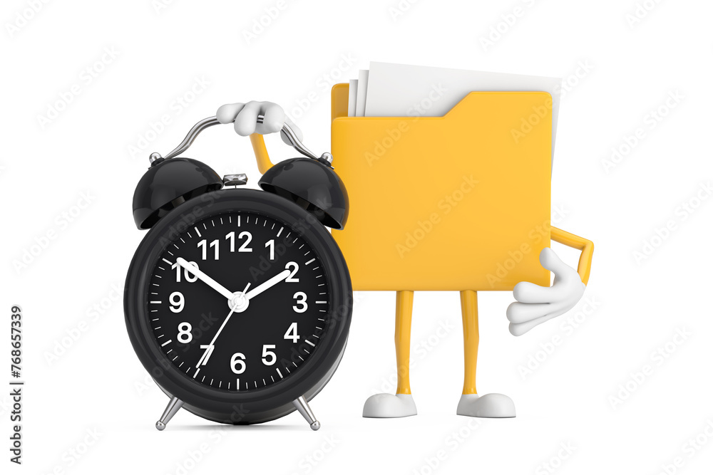Poster Yellow File Folder Icon Cartoon Person Character Mascot  with Alarm Clock. 3d Rendering