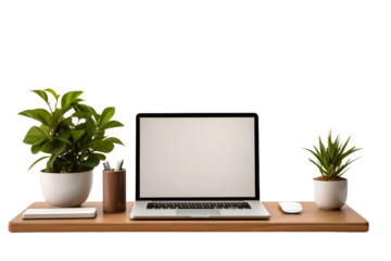The Digital Workstation: Laptop on a Wooden Desk. On a White or Clear Surface PNG Transparent Background.