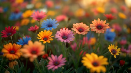 meadow with colorful flowers in sunny day